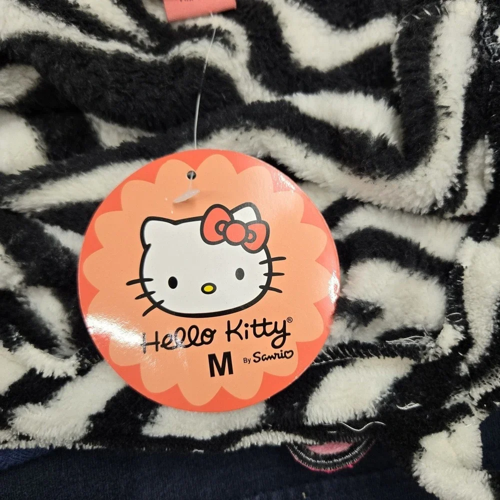Hello Kitty By Sanrio Women Sleepwear M Black Embroidered Animal Dress Fleece